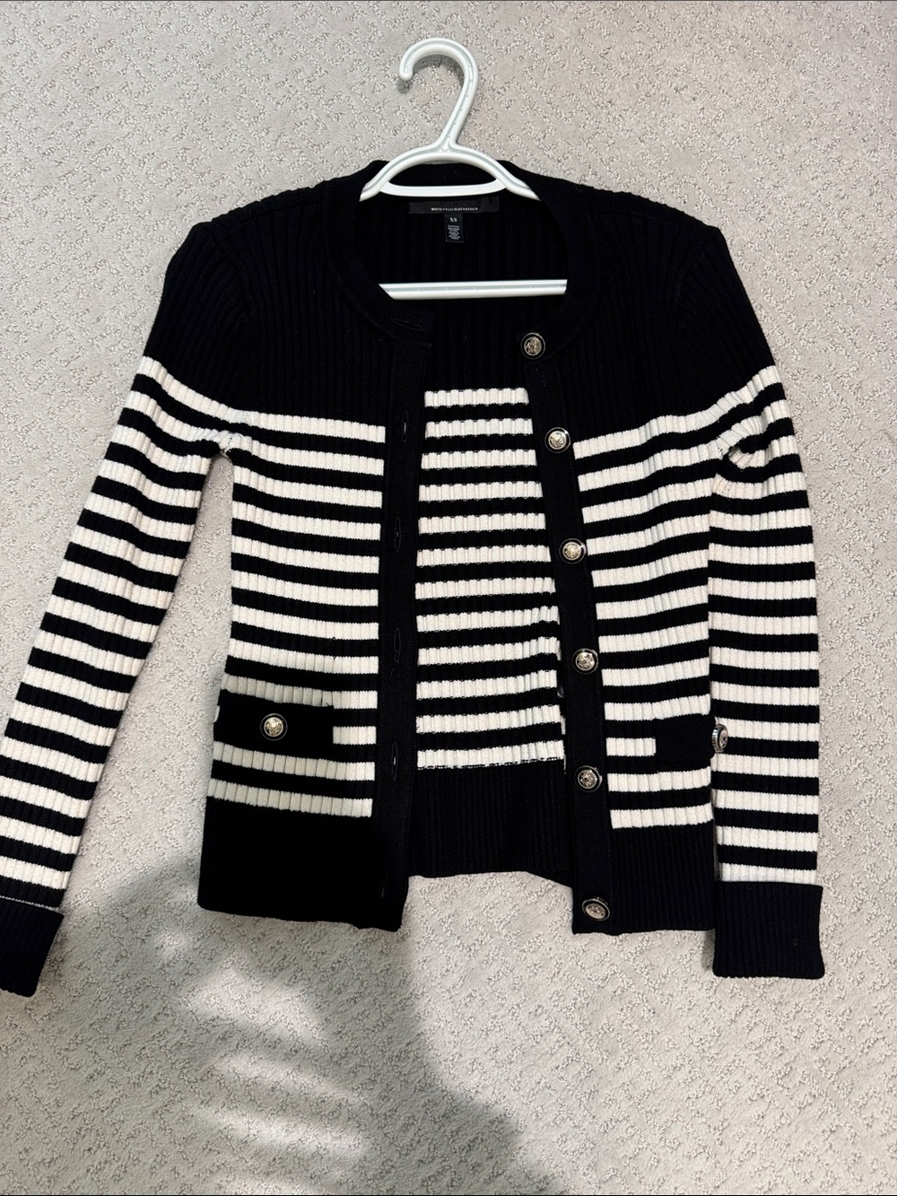 White House Black Market Black & White Striped Ribbed Button Cardigan